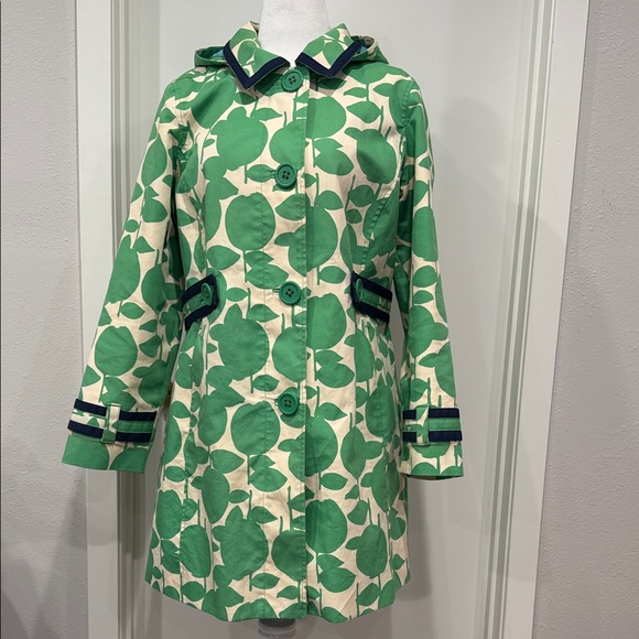 Boden Apple Print Rain Coat Cotton Hooded Green White Size 14 - Picture 2 of 14